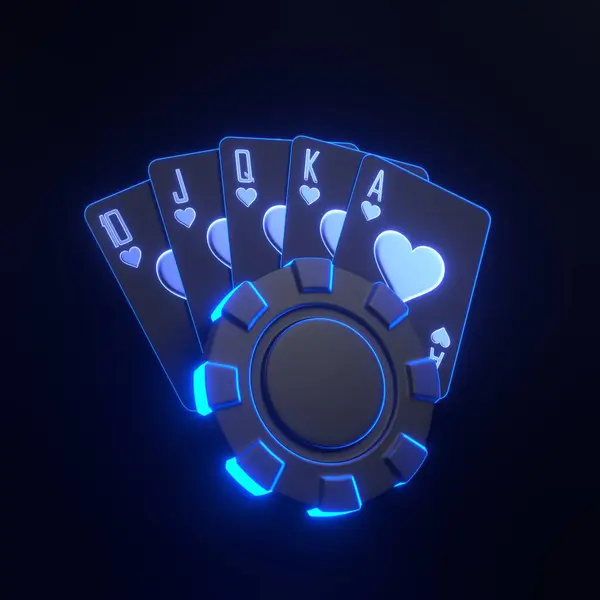 stock image A hand of royal flush playing cards illuminated in neon blue light, alongside a glowing casino chip, evoking a sense of futuristic gambling excitement. 3D render illustration