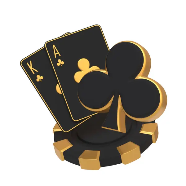 stock image Elegant composition of playing cards featuring the ace and king of clubs, with a golden trim, accompanied by a luxurious casino chip. 3D render illustration