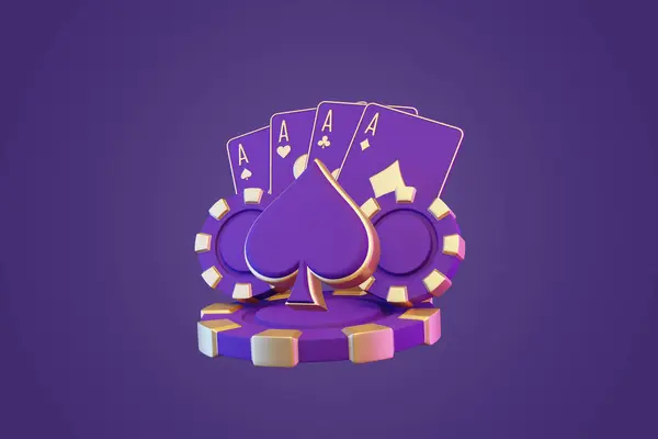 stock image Four aces from a deck of cards with purple backing and golden edges, paired with matching casino chips