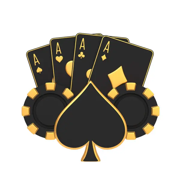 stock image A classic design featuring golden aces fanned out behind a spade symbol, accompanied by black poker chips, on a white background. 3D render illustration