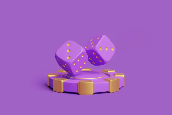 stock image Two purple dice with gold dots resting on a matching purple poker chip with gold accents on a purple background. 3D render illustration