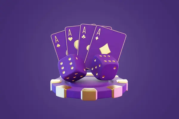 Kumar ve lüksü sembolize eden kart, zar ve poker çiplerinin yer aldığı şık bir mor ve altın kumarhane seti. 3 Boyutlu resimleme