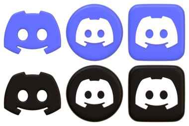 Modern iletişim için imzalı gülen yüz logosunun yer aldığı mavi ve siyah renk şemalarıyla Discord uygulama simgelerinin toplanması. 3 Boyutlu resimleme
