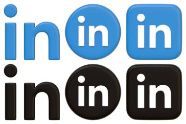 Sosyal medya platformu için çeşitli tasarım varyasyonları gösteren farklı stil ve renklerde gösterilen birden fazla LinkedIn logosu. 3 Boyutlu resimleme