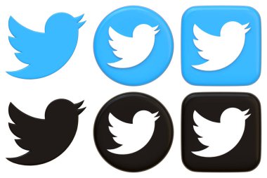 Twitter logolarının mavi ve siyah renkli varyasyonları, ikonik kuş sembolünün farklı stillerini gösteren bir koleksiyon. 3 Boyutlu resimleme