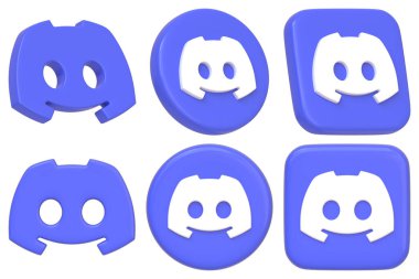 Modern iletişim için imzalı gülen yüz logosunun yer aldığı mavi ve siyah renk şemalarıyla Discord uygulama simgelerinin toplanması. 3 Boyutlu resimleme