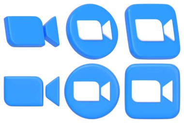 Collection of Zoom app icons in blue and black color schemes, showcasing the familiar video call camera symbol for virtual meetings. 3D render illustration clipart