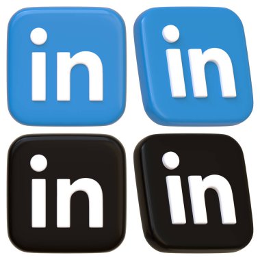 Sosyal medya platformu için çeşitli tasarım varyasyonları gösteren farklı stil ve renklerde gösterilen birden fazla LinkedIn logosu. 3 Boyutlu resimleme