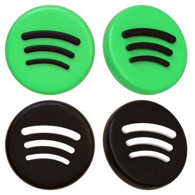 Çembersel ve kare şekilli yeşil ve siyah tasarımlı ikonlar müzik akışı markalaşması için idealdir. 3 Boyutlu resimleme