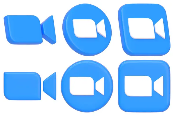 stock image Collection of Zoom app icons in blue and black color schemes, showcasing the familiar video call camera symbol for virtual meetings. 3D render illustration