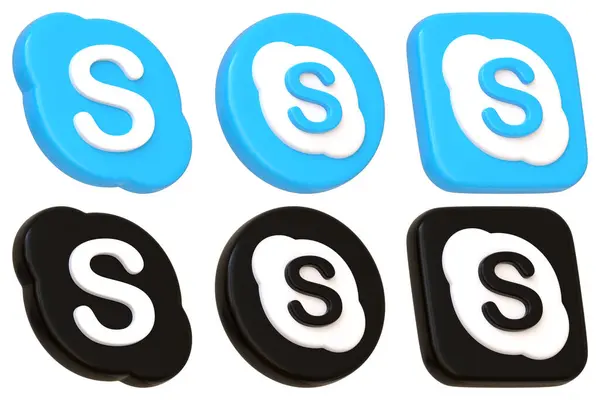 stock image A collection of Skype icons in blue and black color schemes, featuring various styles, on a white background. 3D render illustration