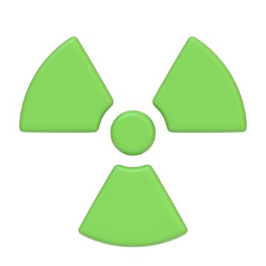 Nükleer radyasyon tehlikesini temsil eden yeşil radyoaktif tehlike sembolü, beyaz arka planda izole edilmiş. 3 boyutlu simge, imza ve sembol. Ön manzara. 3 Boyutlu resimleme