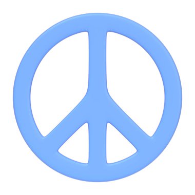 Beyaz arka planda izole edilmiş mavi barış sembolü pasif direnişi, küresel barışı ve birliği temsil ediyor. 3 boyutlu simge, imza ve sembol. Ön manzara. 3 Boyutlu resimleme