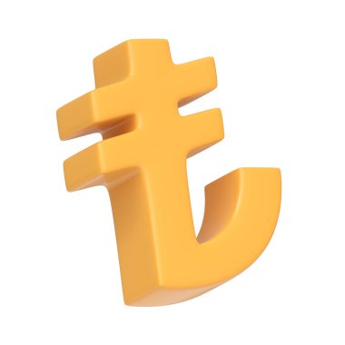 Türk Lira para birimi sembolü, mali ve iş kavramları için beyaz arka planda izole edilmiş. 3 boyutlu simge, imza ve sembol. Yan görüş. 3 Boyutlu resimleme