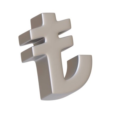 Türk Lira para birimi sembolü, finans, ekonomi ve parasal işlemleri sembolize eden beyaz bir zemin üzerinde izole edildi. 3 boyutlu simge, imza ve sembol. Yan görüş. 3 Boyutlu resimleme