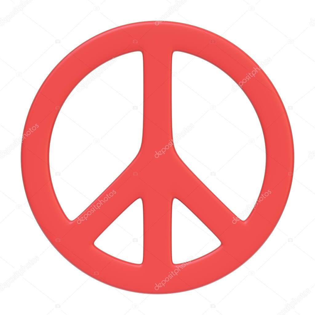 Red peace symbol isolated on a white background, representing peace, unity, and anti-war movements. 3D icon, sign and symbol. Front view. 3D render illustration