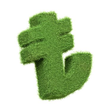 Turkish lira currency symbol made of green grass, representing eco-friendly finance, green economy, and sustainability concepts in Turkey. 3D icon, sign and symbol. 3D render illustration clipart