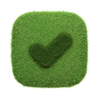 Green check mark icon with a grass texture, symbolizing eco-friendliness, sustainability, and environmental approval or success. 3D icon, sign and symbol. 3D render illustration clipart