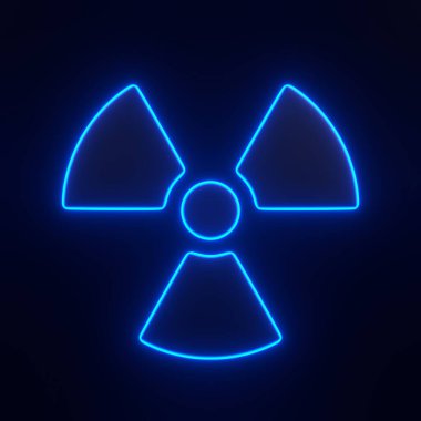 Parlak mavi renkli parlak neon radyasyon ya da nükleer tehlikeyi temsil eden bir tehlike sembolü koyu bir arka plana karşı. 3 boyutlu simge, imza ve sembol. 3 Boyutlu resimleme