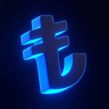 Koyu bir arkaplana karşı mavi ışıkta parlayan Türk lira para birimi sembolünün parlayan neon bir temsili. 3 boyutlu simge, imza ve sembol. 3 Boyutlu resimleme