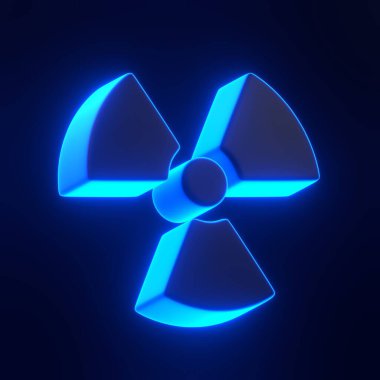 Parlak mavi renkli parlak neon radyasyon ya da nükleer tehlikeyi temsil eden bir tehlike sembolü koyu bir arka plana karşı. 3 boyutlu simge, imza ve sembol. 3 Boyutlu resimleme
