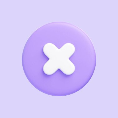 Ortasında beyaz bir X simgesi olan yuvarlak mor düğme iptal etmeyi veya kapatmayı sembolize ediyor. 3 boyutlu simge, imza ve sembol. 3 Boyutlu resimleme