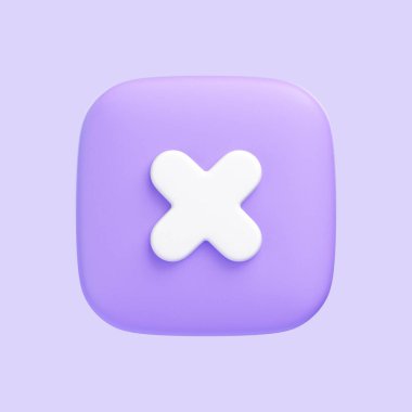 Mor kare düğmedeki beyaz haç, iptali, reddedilmeyi ya da dijital arayüzdeki bir hatayı simgeliyor. 3 boyutlu simge, imza ve sembol. 3 Boyutlu resimleme