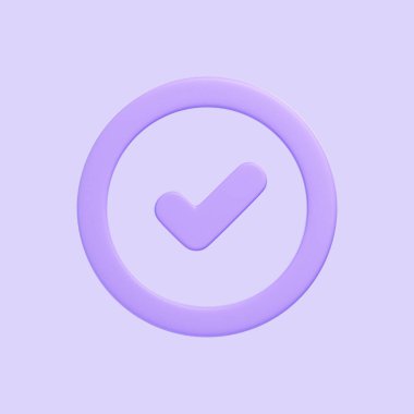 Dairesel bir çerçevenin içinde mor 3D kontrol işareti, açık mor bir arkaplan üzerinde ayarlanmış, onay ya da doğrulamayı simgeliyor. 3 boyutlu simge, imza ve sembol. 3 Boyutlu resimleme