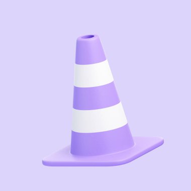 Mor arka planda beyaz çizgili mor bir trafik konisi, minimalist bir tasarım ve yumuşak renk paleti sergiliyor. 3 boyutlu simge, imza ve sembol. 3 Boyutlu resimleme
