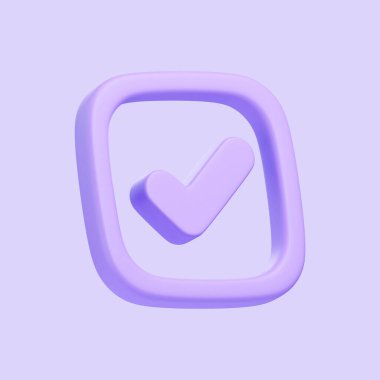 Açık mor bir arkaplandaki kare çerçevenin içindeki mor 3D kontrol işareti onay, doğrulama ya da tamamlamayı simgeliyor. 3 boyutlu simge, imza ve sembol. 3 Boyutlu resimleme