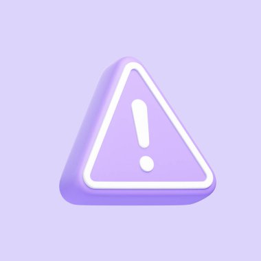 Purple warning icon with a white exclamation mark inside a triangle on a lavender background, symbolizing caution or alert. 3D icon, sign and symbol. 3D render illustration