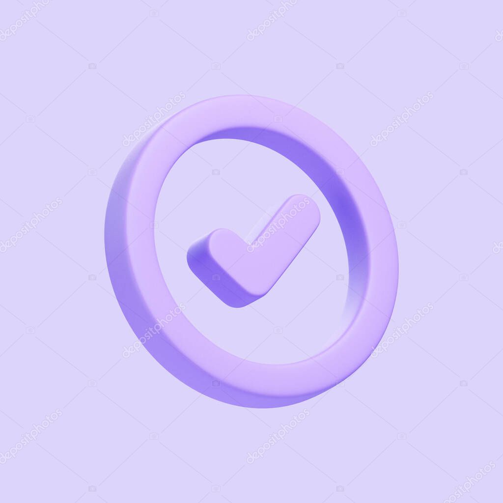 Purple 3D checkmark inside a circular frame, set against a light purple background, symbolizing approval or confirmation. 3D icon, sign and symbol. 3D render illustration