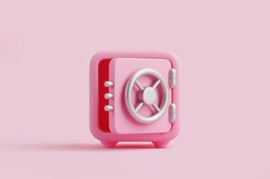 Pembe kasa ve şifreli kilit. Pembe arka planda güvenlik, koruma ve finansal güvenliği simgeliyor. 3 Boyutlu resimleme