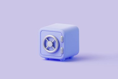 Dairesel kilit mekanizması olan mavi kasa, arka planda güvenlik, koruma ve finansal güvenliği simgeliyor. 3 Boyutlu resimleme