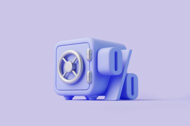 Mavi kasa yüzde sembolünün yanında, mali tasarrufları, faiz oranlarını veya güvenli yatırımları temsil ediyor. 3 Boyutlu resimleme