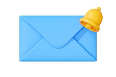 Sarı uyarı zili olan kapalı mavi zarf, yeni mesajları, uyarıları ya da e-posta bildirimlerini simgeliyor. 3 Boyutlu resimleme
