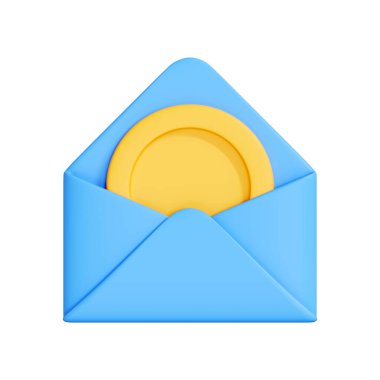 İçinde sarı bir madeni para olan mavi zarf, ödemeyi, mali işlemleri veya tasarrufu simgeliyor. 3 Boyutlu resimleme