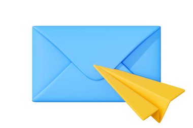 Mavi zarf sarı kağıttan bir uçakla eşleştirilmiş, iletişimi, e-postayı ve mesaj iletimini simgeliyor. 3 Boyutlu resimleme
