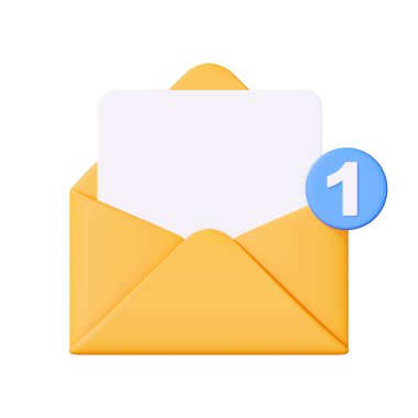 İçinde boş bir kart olan sarı zarf, üzerinde 1 yazan mavi bir uyarı rozeti var. Beyaz arka planda izole edilmiş. 3 Boyutlu resimleme