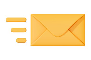 Hareket çizgileri olan sarı zarf, hızlı e-postayı ya da mesaj iletimini sembolize ediyor, beyaz arkaplanda. 3 Boyutlu resimleme