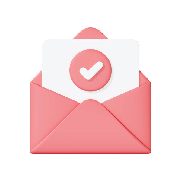 Откройте розовый конверт, содержащий карточку с значком галочки, символизирующую подтверждение, одобрение или успешное общение. 3D-рендеринг