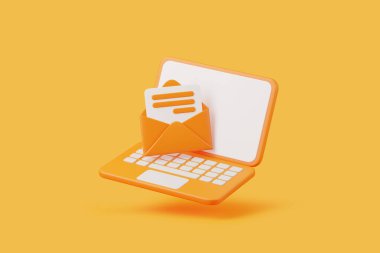 Zarf sembollü dizüstü bilgisayar, e-posta iletişimini temsil eden, çevrimiçi mesajlaşma ve modern teknolojide dijital yazışmalar. 3 Boyutlu resimleme