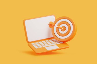 Laptop with a dart hitting the center of a target, representing online success and marketing precision. 3D render illustration clipart