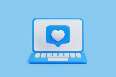 Kalp şeklinde bir simge, bir dizüstü bilgisayarda gösteriliyor, sosyal medya bağlantısını ve dijital etkileşimi temsil ediyor. 3 Boyutlu resimleme