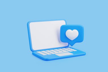 Laptop and a heart notification icon, symbolizing social media engagement, likes, and online interaction. 3D render illustration clipart