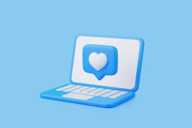 Heart icon on a laptop screen, symbolizing social media engagement, likes, and digital interactions online. 3D render illustration clipart