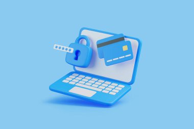 Kilitli, şifreli ve kredi kartlı bir dizüstü bilgisayar. Güvenli online işlemleri ve ödeme korumasını simgeliyor. 3 Boyutlu resimleme