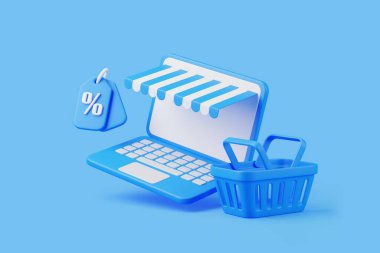 Tenteli bir dizüstü bilgisayar, bir alışveriş sepeti ve online alışveriş ve satışları temsil eden bir indirim etiketi. 3 Boyutlu resimleme