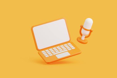 Turuncu dizüstü bilgisayar ve mikrofon, podcast, çevrimiçi yayın ve dijital içerik oluşturma kavramları için idealdir. 3 Boyutlu resimleme