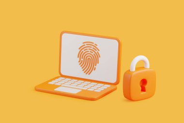 Parmak izi simgesini gösteren turuncu dizüstü bilgisayar yanında kilit simgesi olan biyometrik güvenliği sembolize ediyor. 3 Boyutlu resimleme